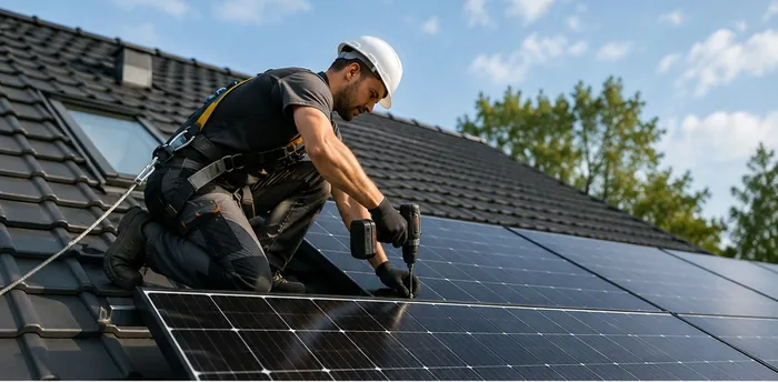 Technicien installant des panneaux photovoltaïques