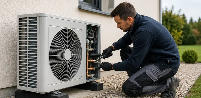 Technicien intervenant sur une pompe à chaleur
